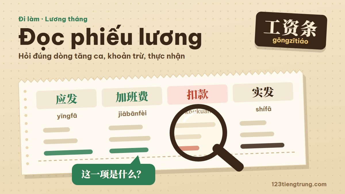 Phiếu lương tiếng Trung: đọc 工资条, hỏi tiền tăng ca, khoản trừ